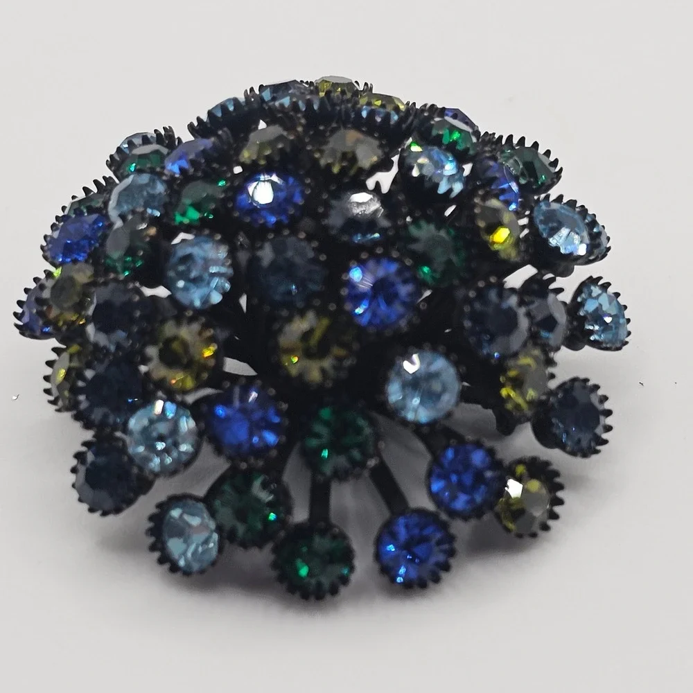 Vtg Rhinestone Brooch Dome Cluster Japanned Peacock Blue Green Statement 2